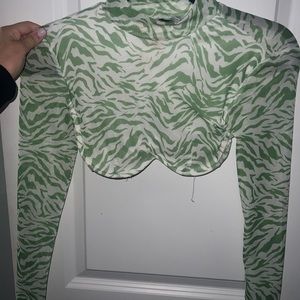 Green zebra pattern high neck crop top